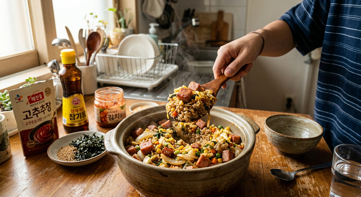 완성된 스팸 밥솥 요리를 주걱으로 부드럽게 섞는 모습
