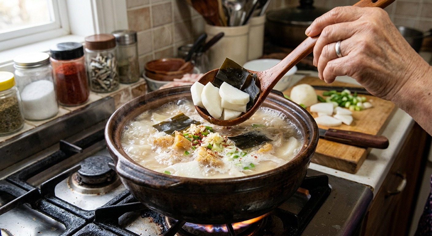 얇게 썬 무와 두껍게 썬 무, 다시마를 따로 준비한 모습