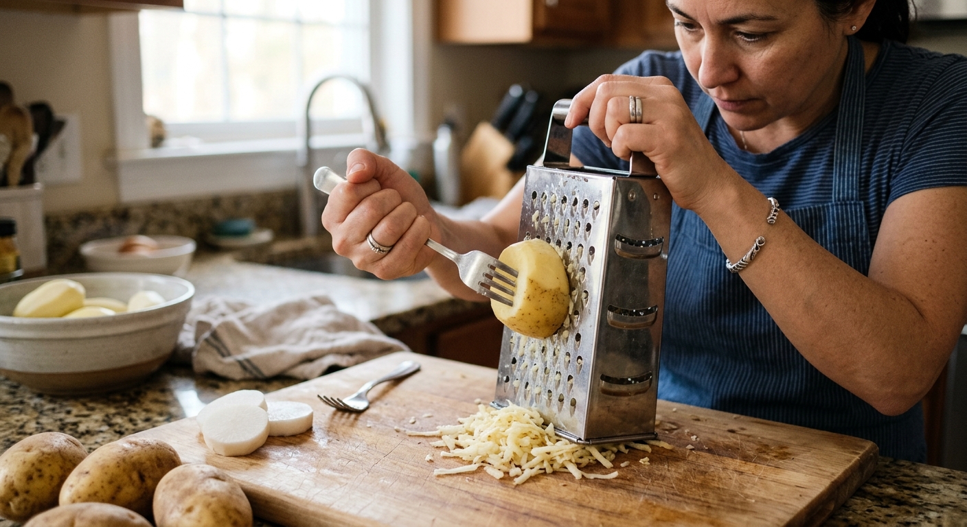 강판 위에서 포크로 감자를 고정해 갈고 있는 주방 장면