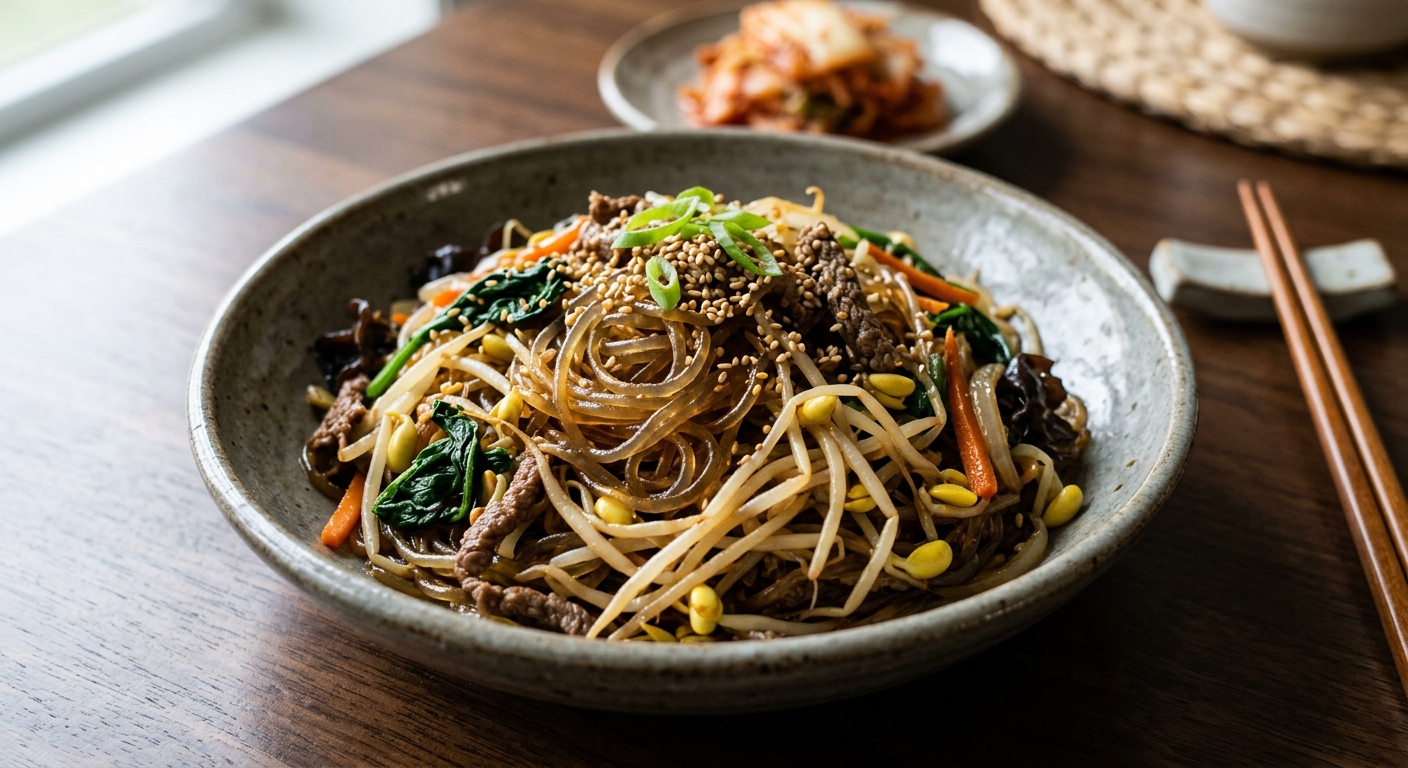 윤기 나는 당면과 아삭한 콩나물이 함께 담긴 잡채 클로즈업