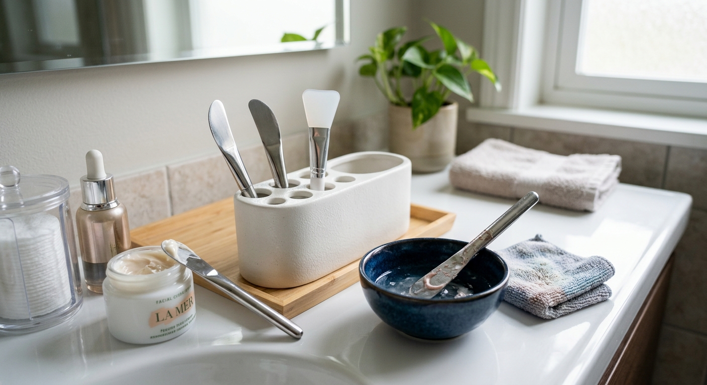 티슈와 소독 패드로 화장품 스파츌라를 닦는 손의 클로즈업