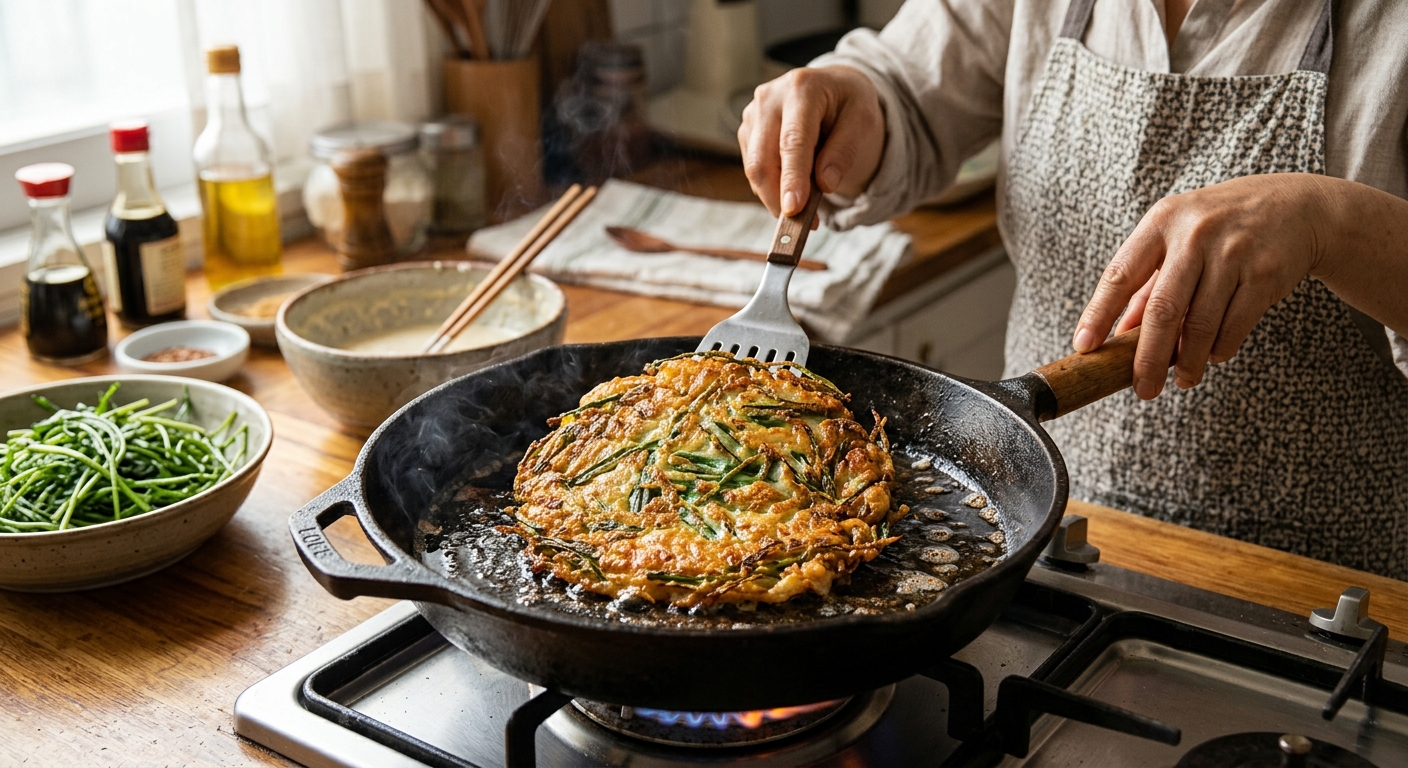 프라이팬에서 바삭하게 익어가는 세발나물전