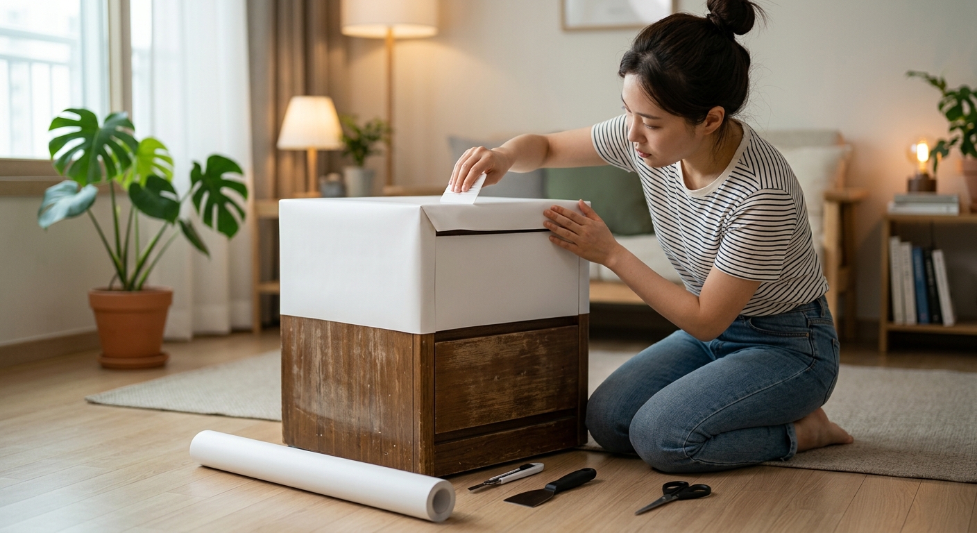 화이트와 그레이 솔리드 시트지로 새롭게 바뀐 오래된 가구들