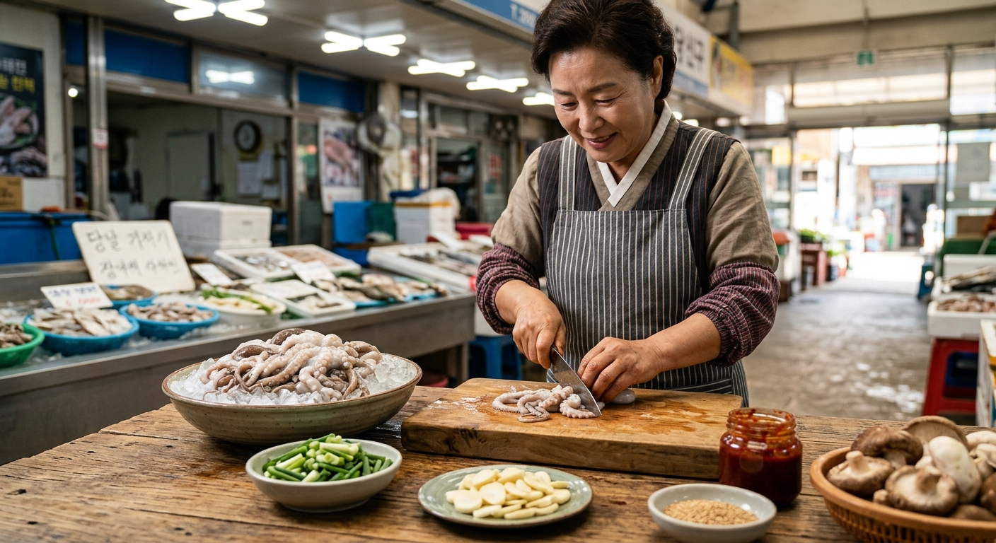 활력 회복에 좋은 낙지 요리를 담은 건강 식단 이미지