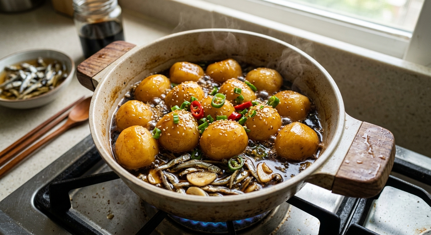 뚜껑을 덮은 팬에서 중약불로 감자조림을 졸이는 조리 장면