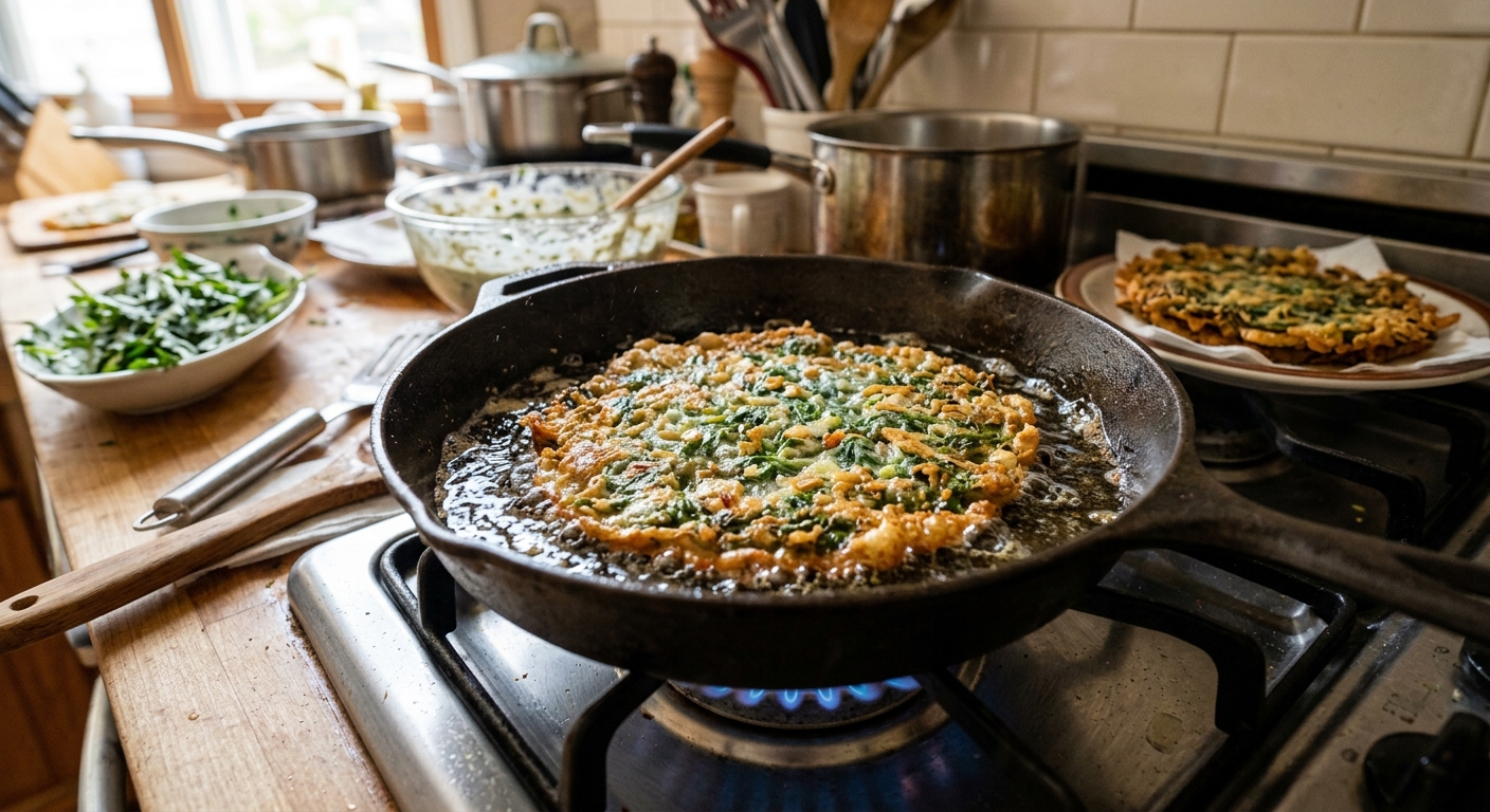 기름을 두른 팬 위에서 얇게 펴진 쑥전이 노릇하게 익는 장면