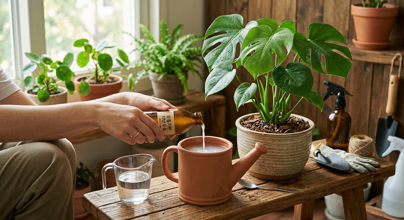 물에 희석한 우유로 화초 잎을 닦아주는 모습