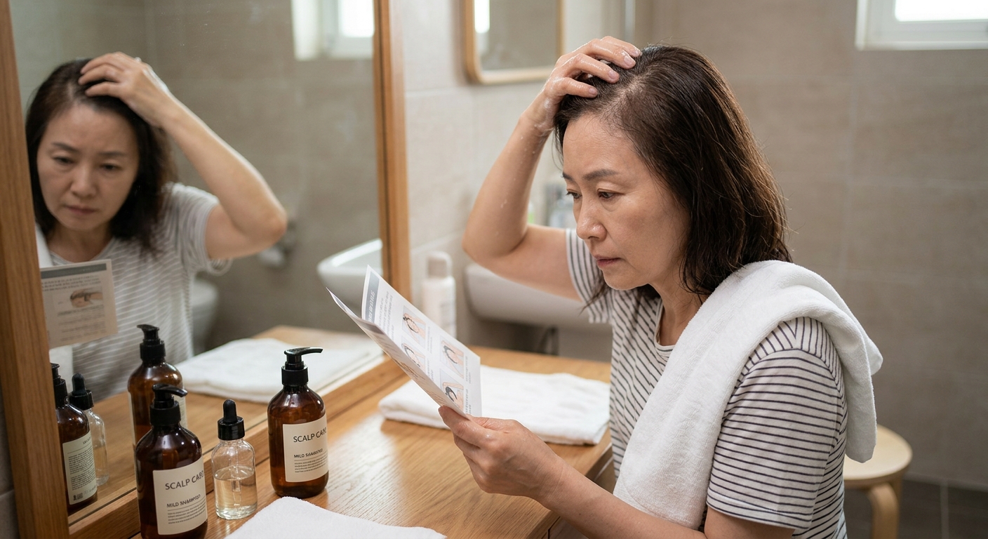 미온수와 거품으로 두피를 부드럽게 마사지하며 샴푸하는 모습