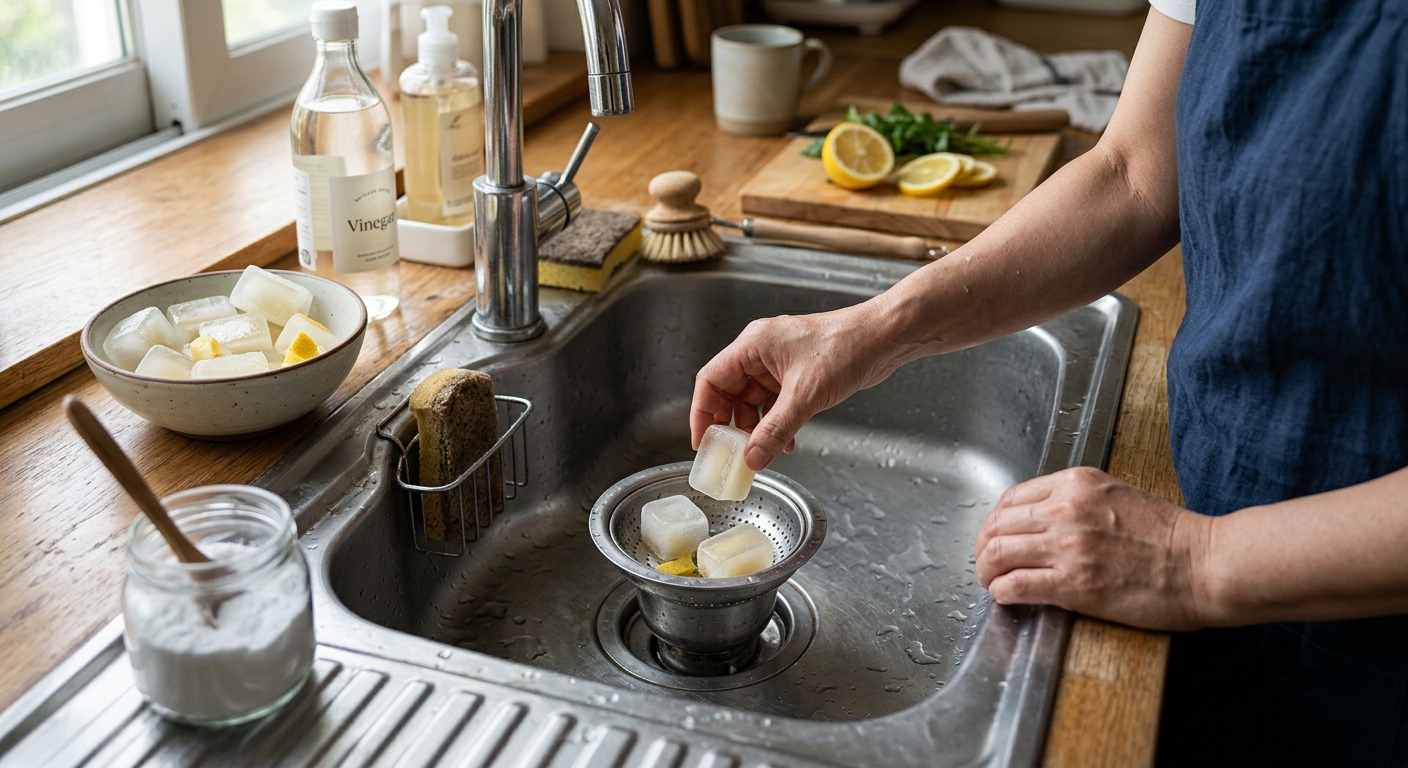 주방과 욕실 청소용품 옆에 놓인 식초 얼음과 주의가 필요한 재질 표면
