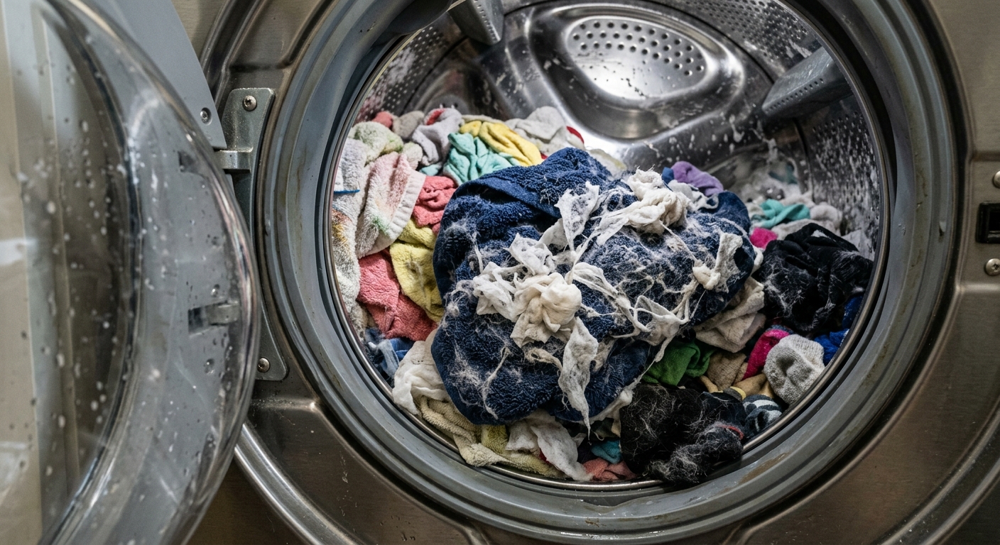 세탁기에 물티슈를 과하게 넣으면 뭉치고 찢어질 수 있음을 설명하는 이미지