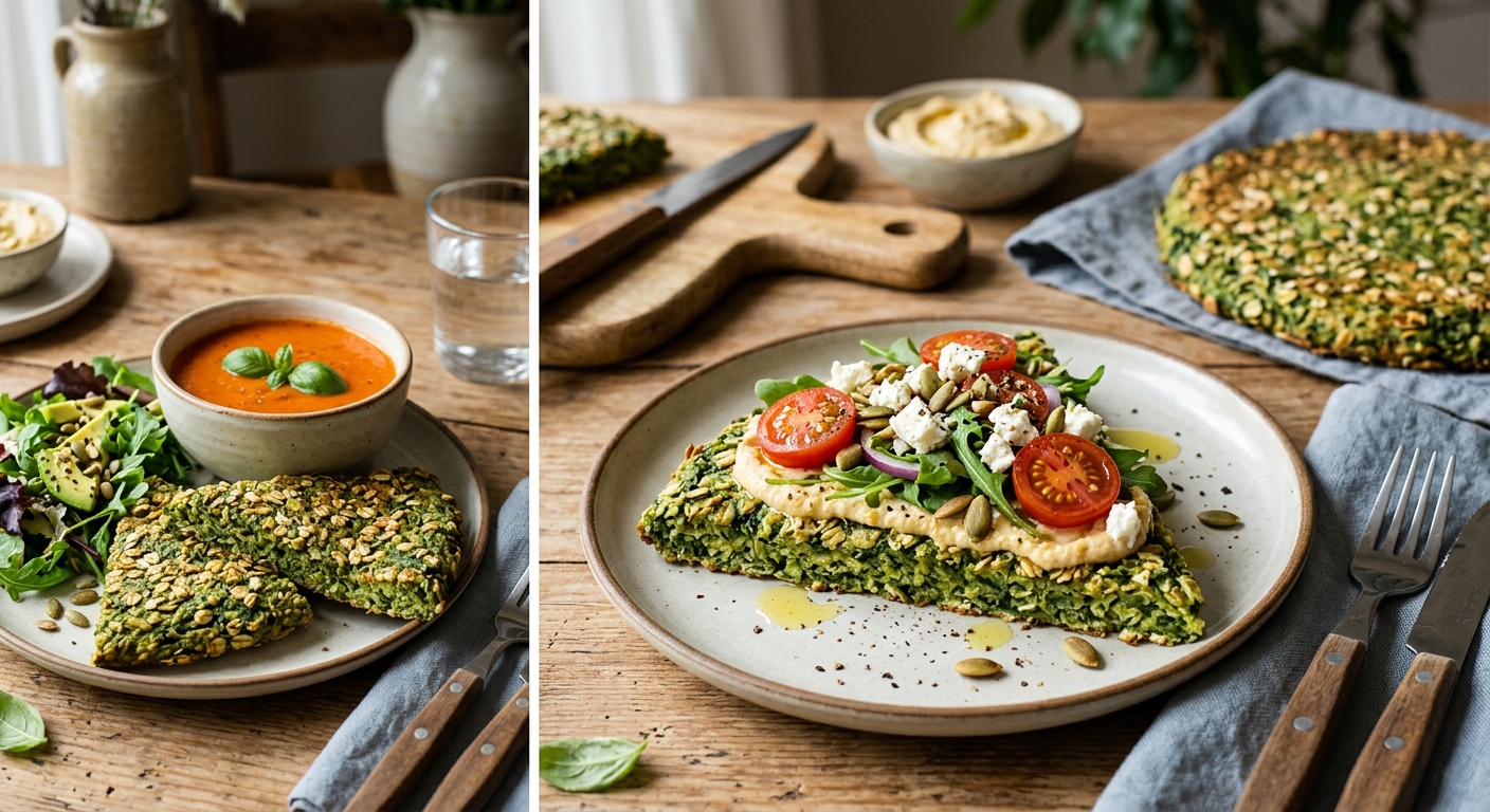 시금치 오트밀 플랫브래드 위에 달걀과 채소를 올려 식사로 준비한 장면