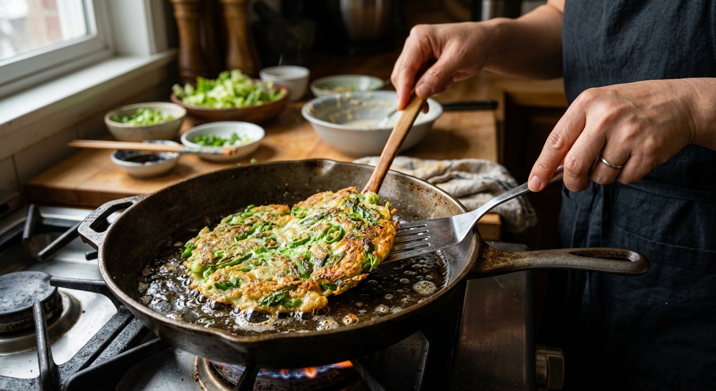 기름 두른 팬에 얇게 펼쳐진 상추전을 뒤집는 장면