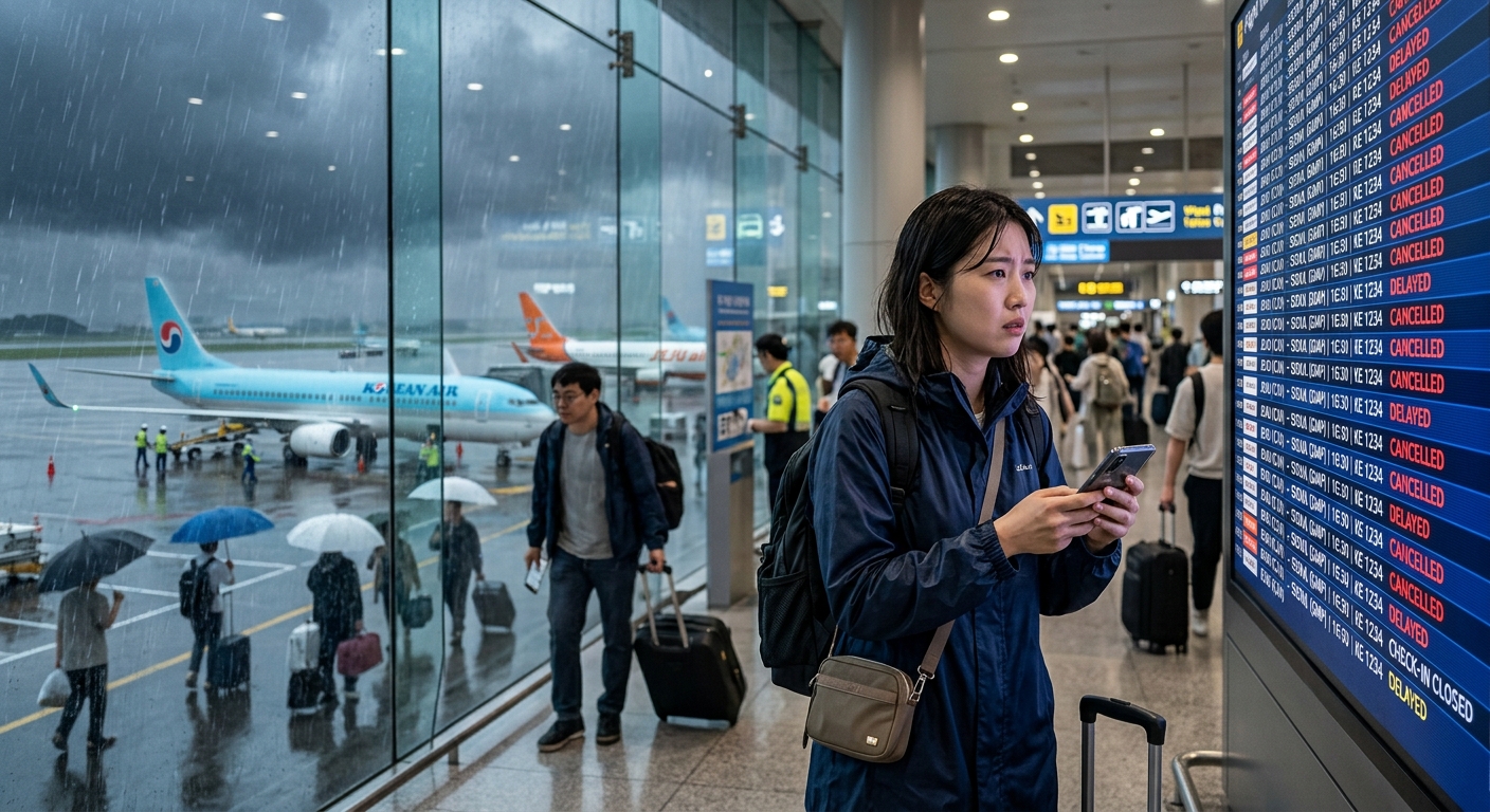 비바람 속에서 항공편 지연과 결항 가능성이 높아진 공항 모습