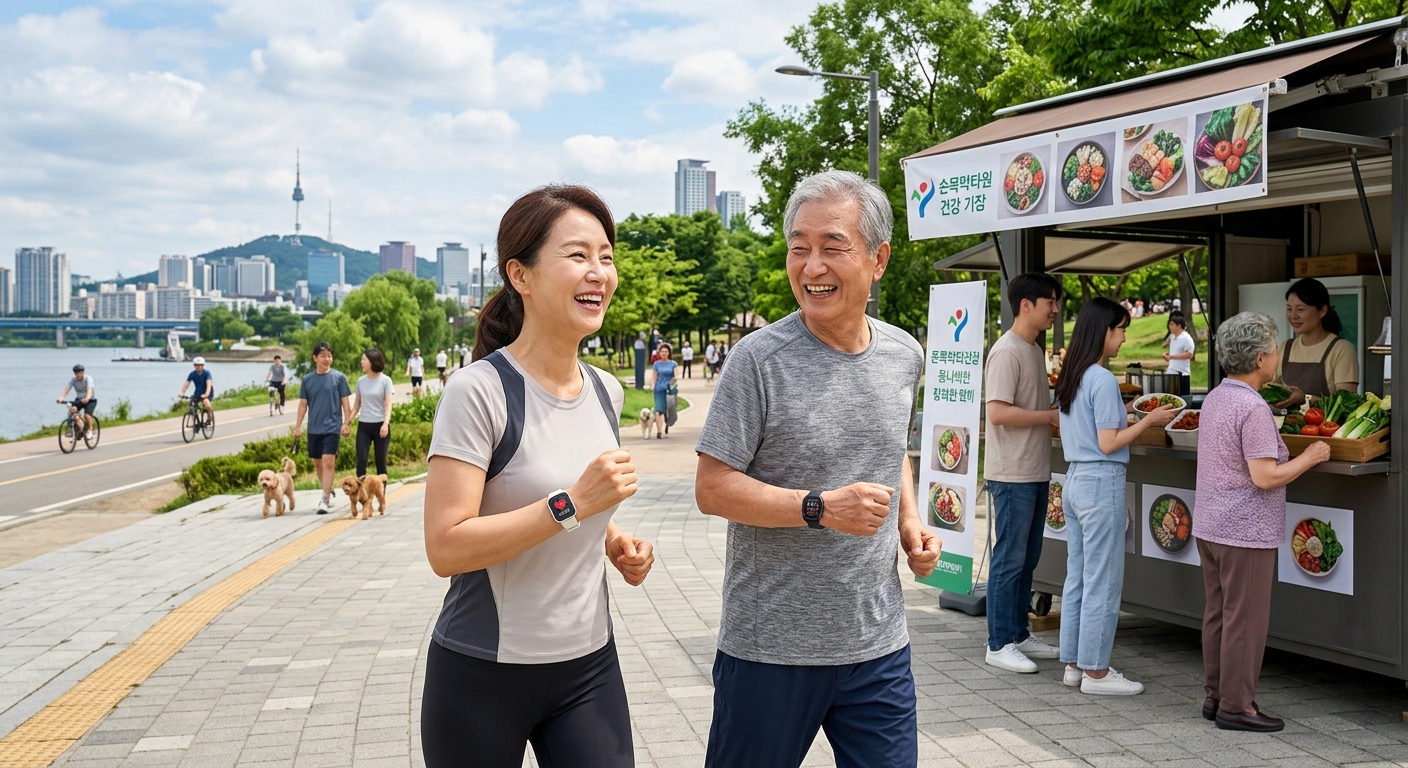 도시 공원에서 걷기 운동을 하는 시민들과 건강한 노년을 상징하는 장면