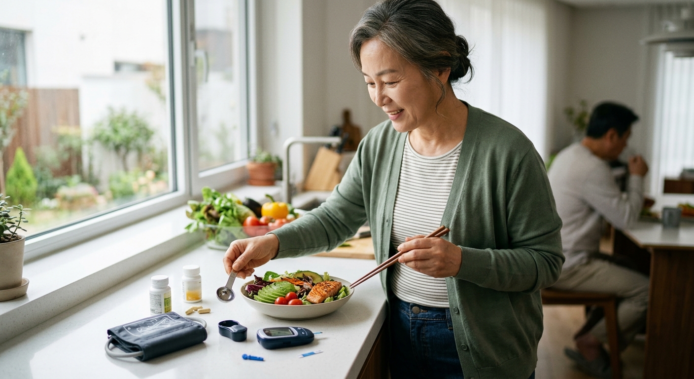 건강한 식단과 운동화, 혈당 관리 노트를 함께 놓은 장면
