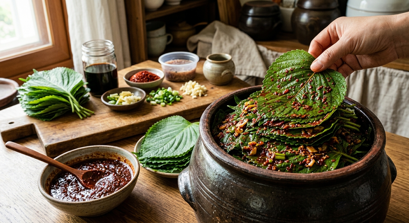 식힌 간장 액젓 양념을 깻잎이 담긴 용기에 붓는 과정
