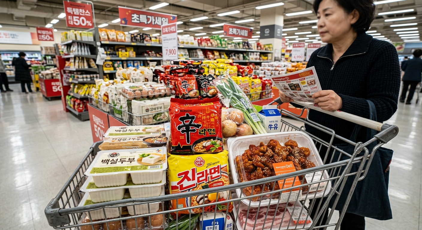 두부와 라면, 즉석 닭강정이 함께 진열된 마트 식품 코너