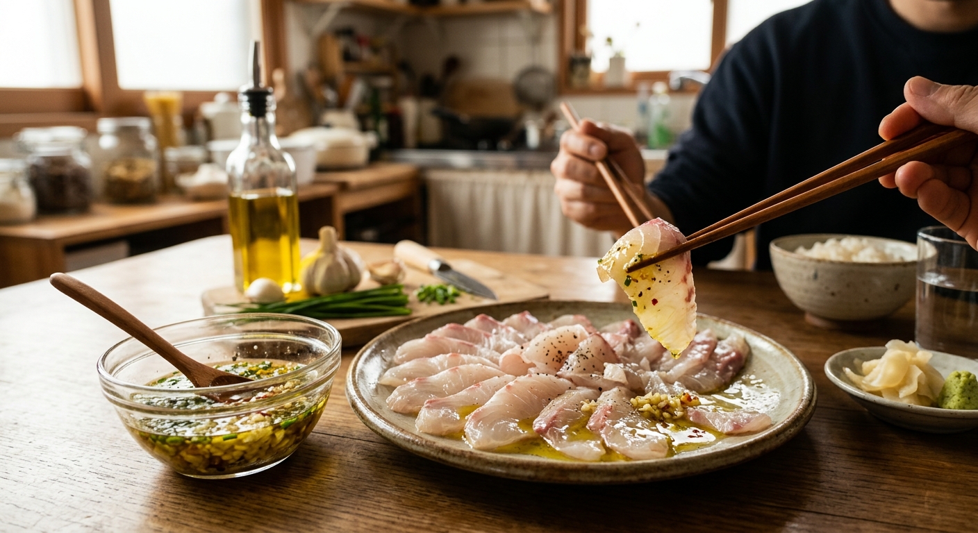 올리브유와 다진 마늘, 레몬즙으로 만든 생선회 소스와 재료들