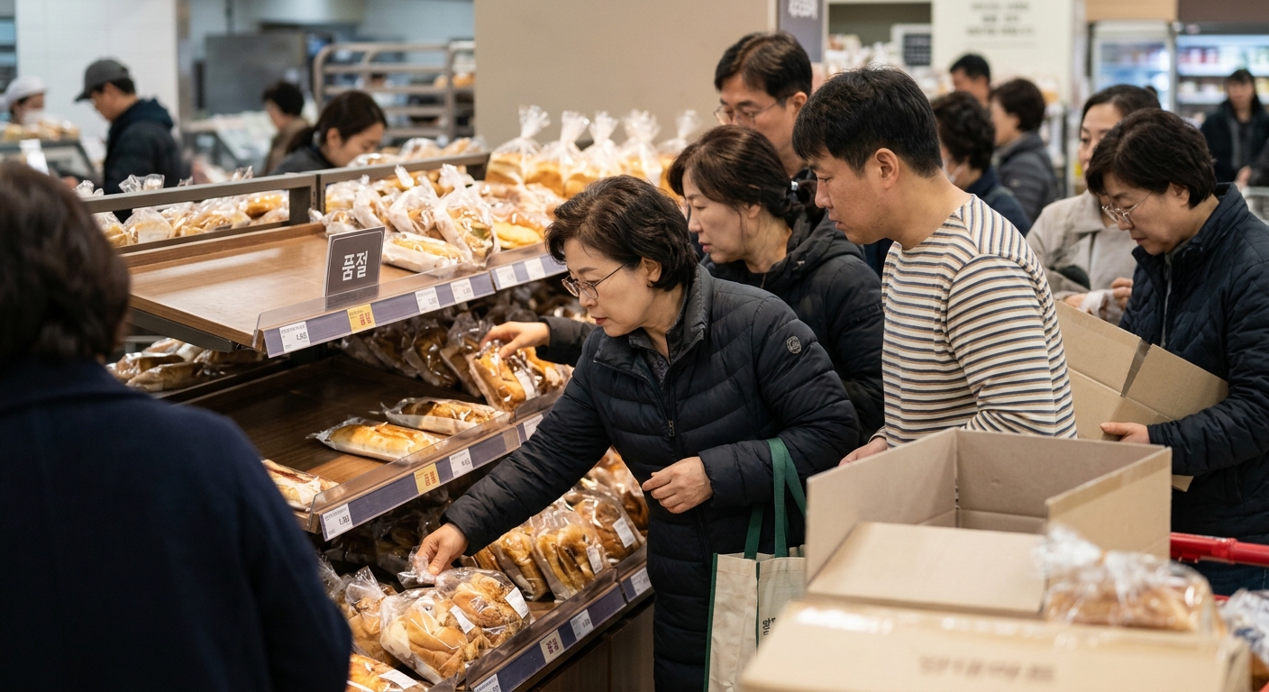 인기 빵이 진열된 마트 매대 앞에서 제품을 고르는 사람들
