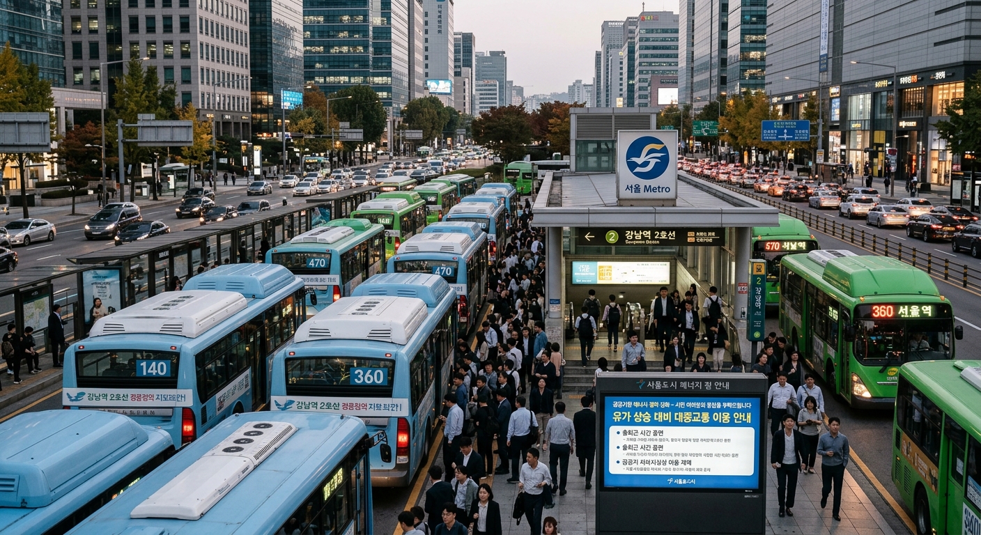 서울의 공공청사 건물 외관과 실내 조명 절약 분위기를 보여주는 장면
