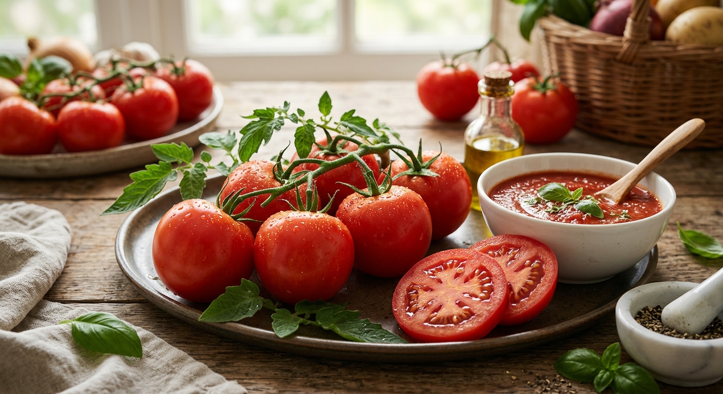 신선한 토마토와 채소가 어우러진 균형 잡힌 식사 장면
