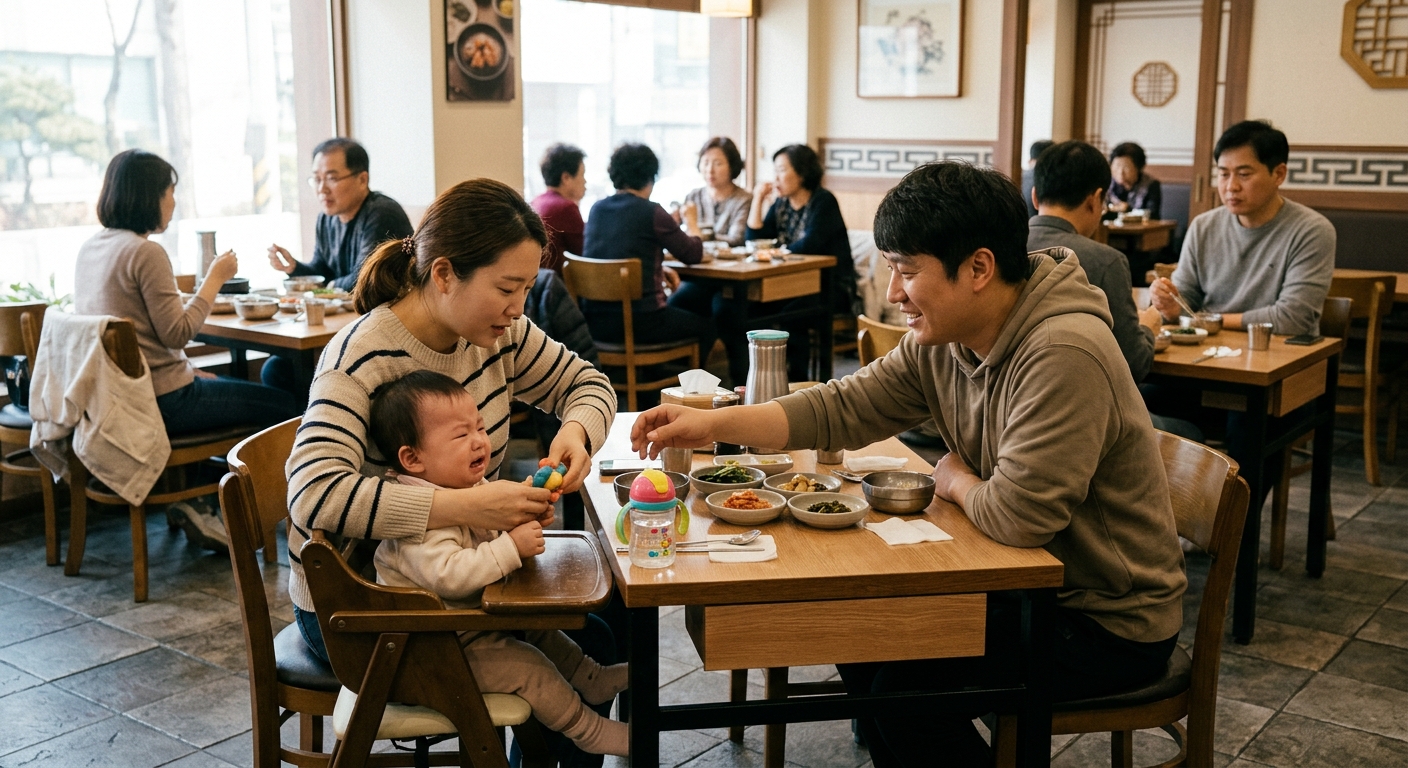 식당에서 아이 울음 상황을 보고 조용히 대응하는 손님