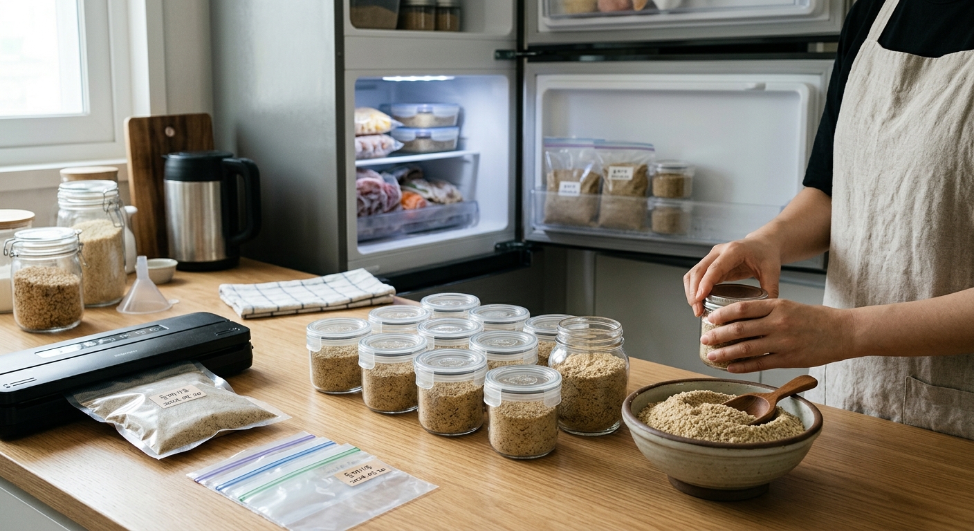 소분한 들깨가루를 밀폐 용기에 담아 냉동 보관한 모습