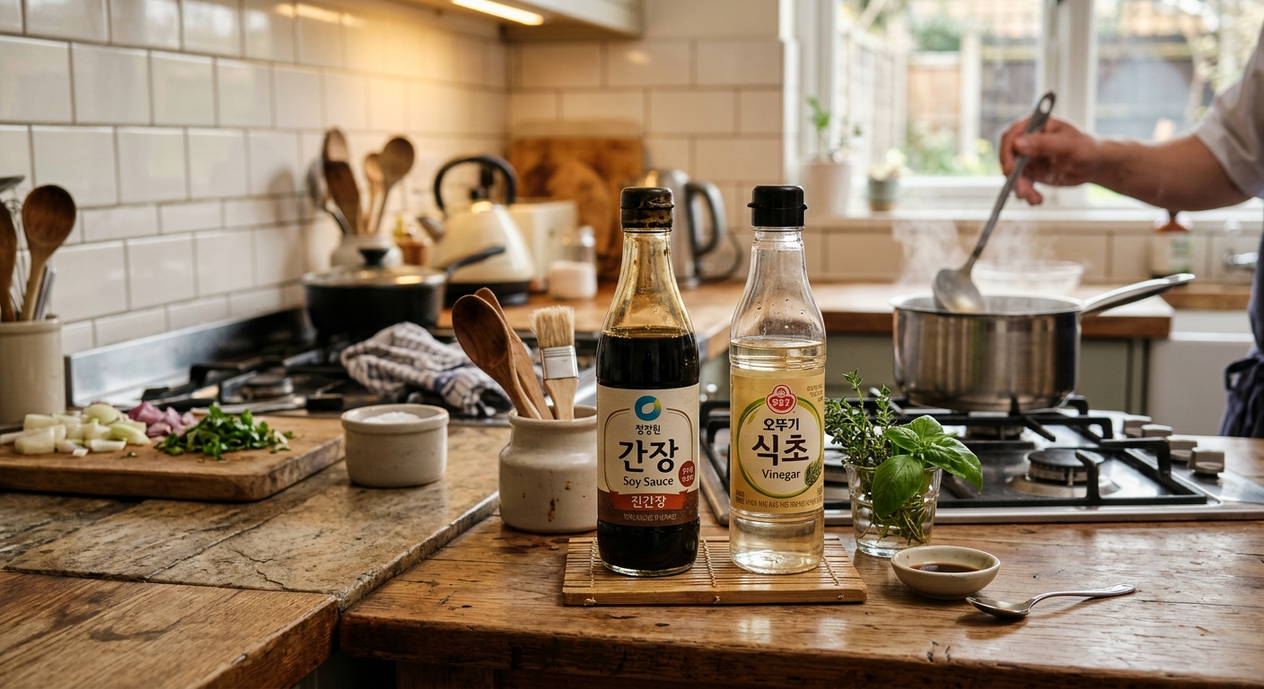 직사광선을 피해 수납장에 보관된 간장과 식초 병의 정돈된 모습