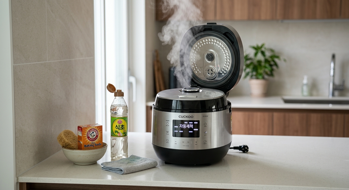전기밥솥 내솥에 물과 식초를 넣고 자동 세척을 준비하는 모습