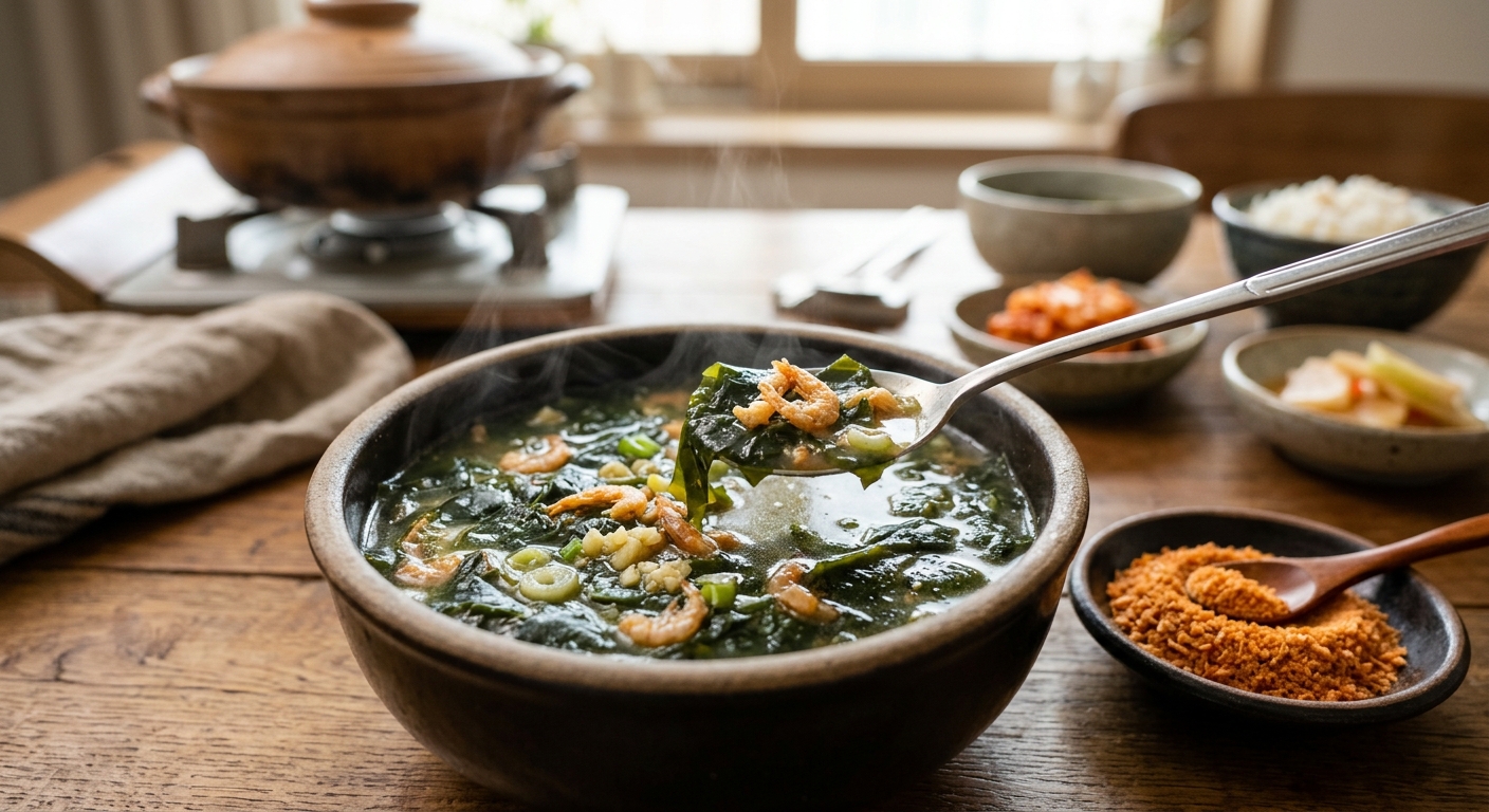 미역국 재료와 계량 스푼이 함께 놓인 조리 준비 장면