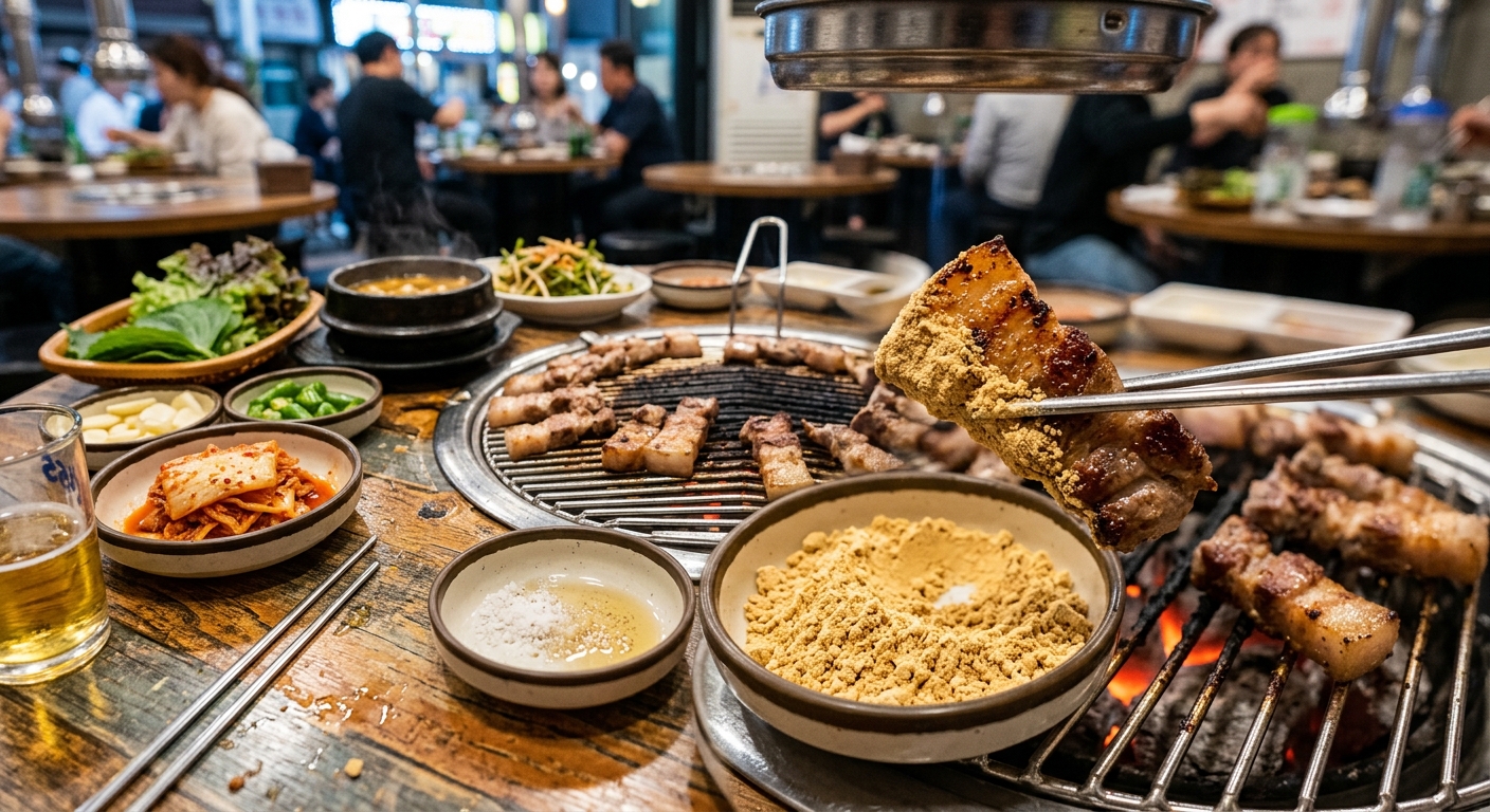 삼겹살과 콩가루, 부추무침, 파채, 김치가 함께 차려진 한식 상차림