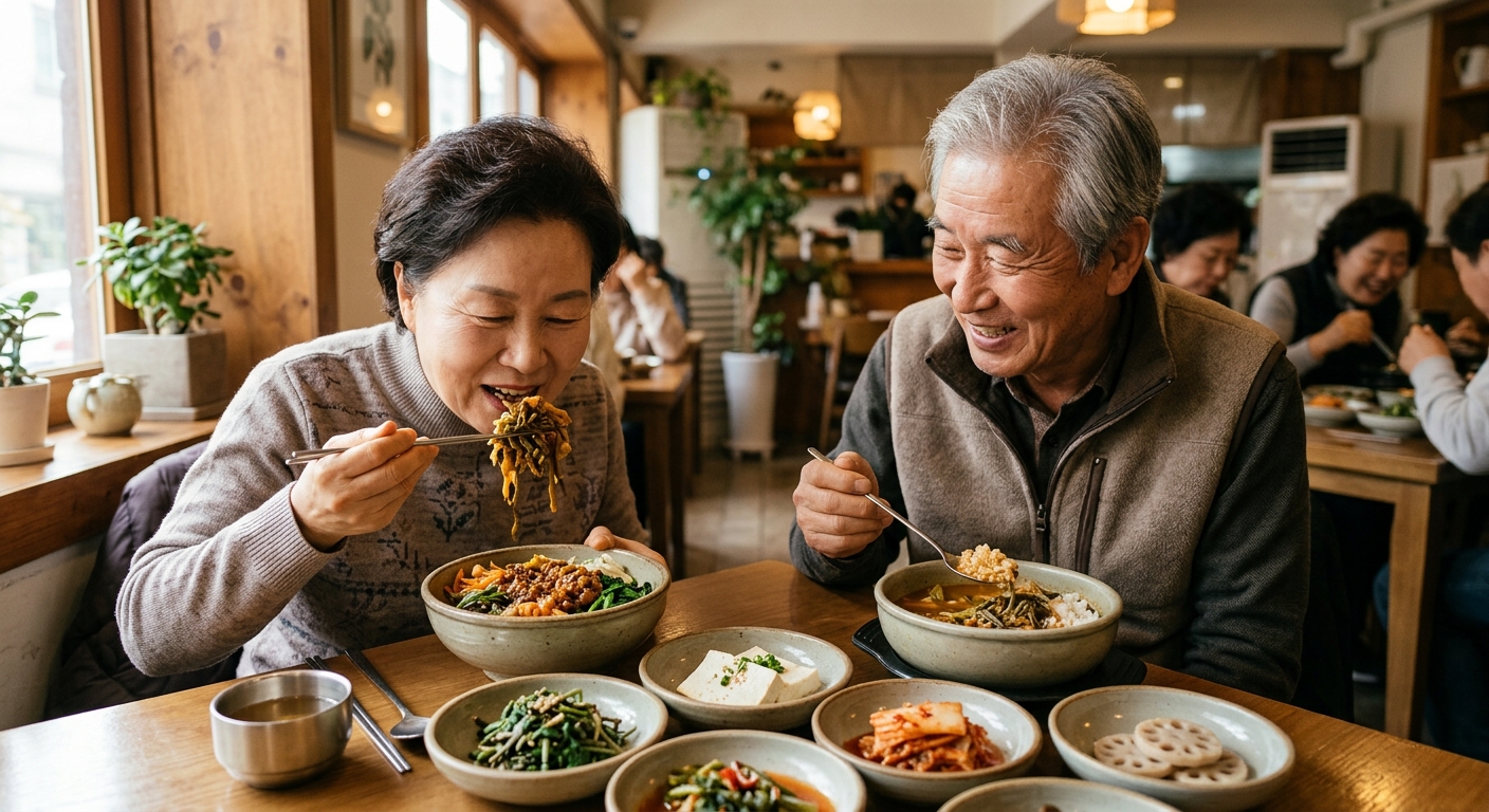 전통시장 식당에서 국수와 전병, 막걸리를 즐기는 지역 손님들의 따뜻한 분위기