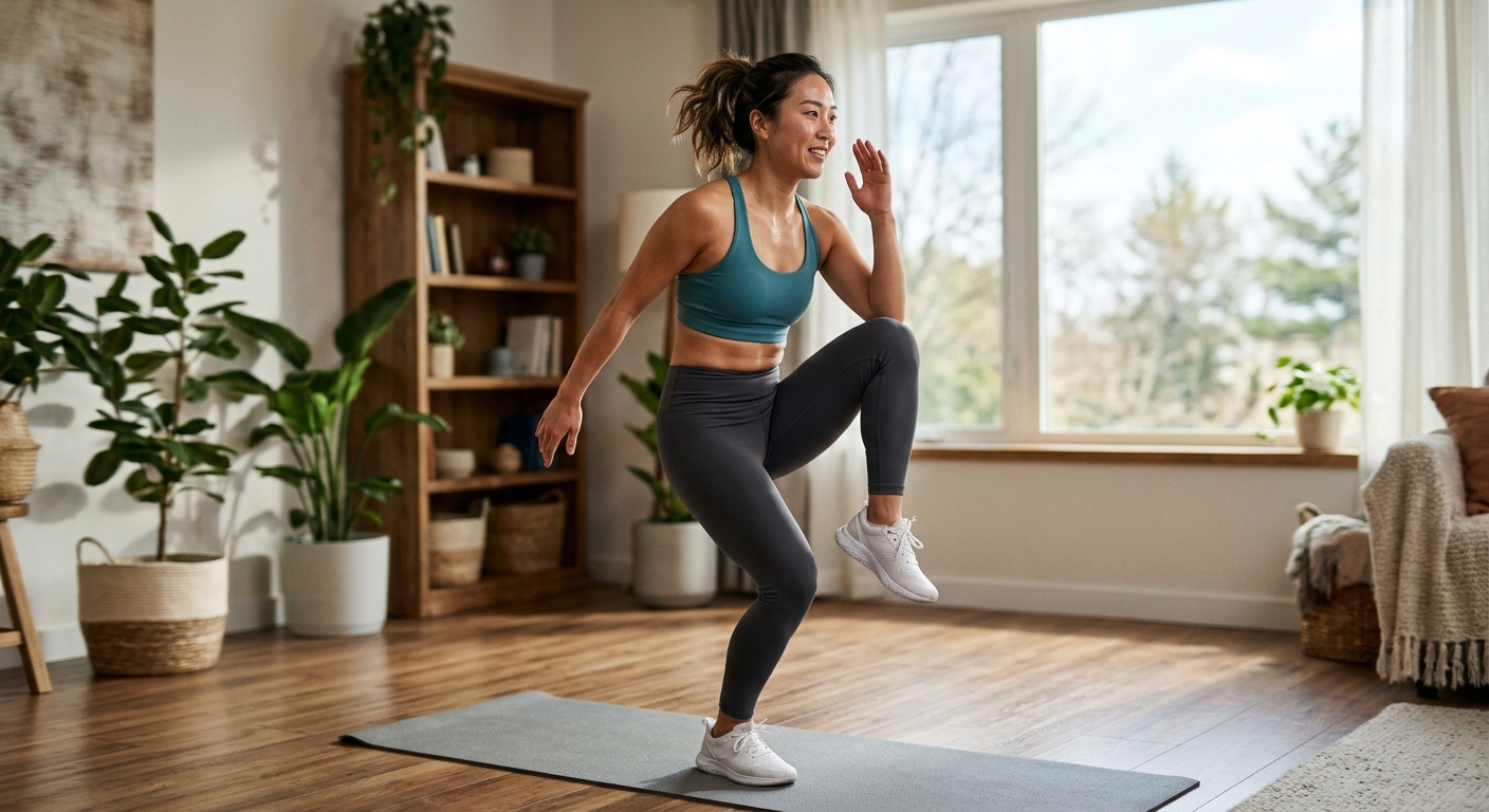 스쿼트 후 대각선으로 무릎을 들어 올리며 코어를 쓰는 전신 운동 장면