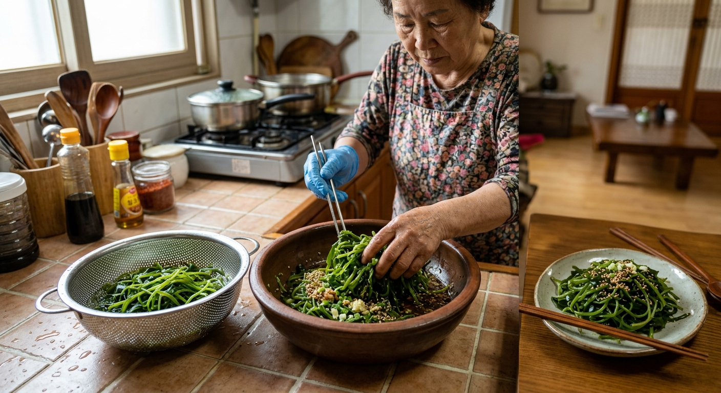 찬물에 담가 소금기를 빼는 염장 미역줄기 손질 과정