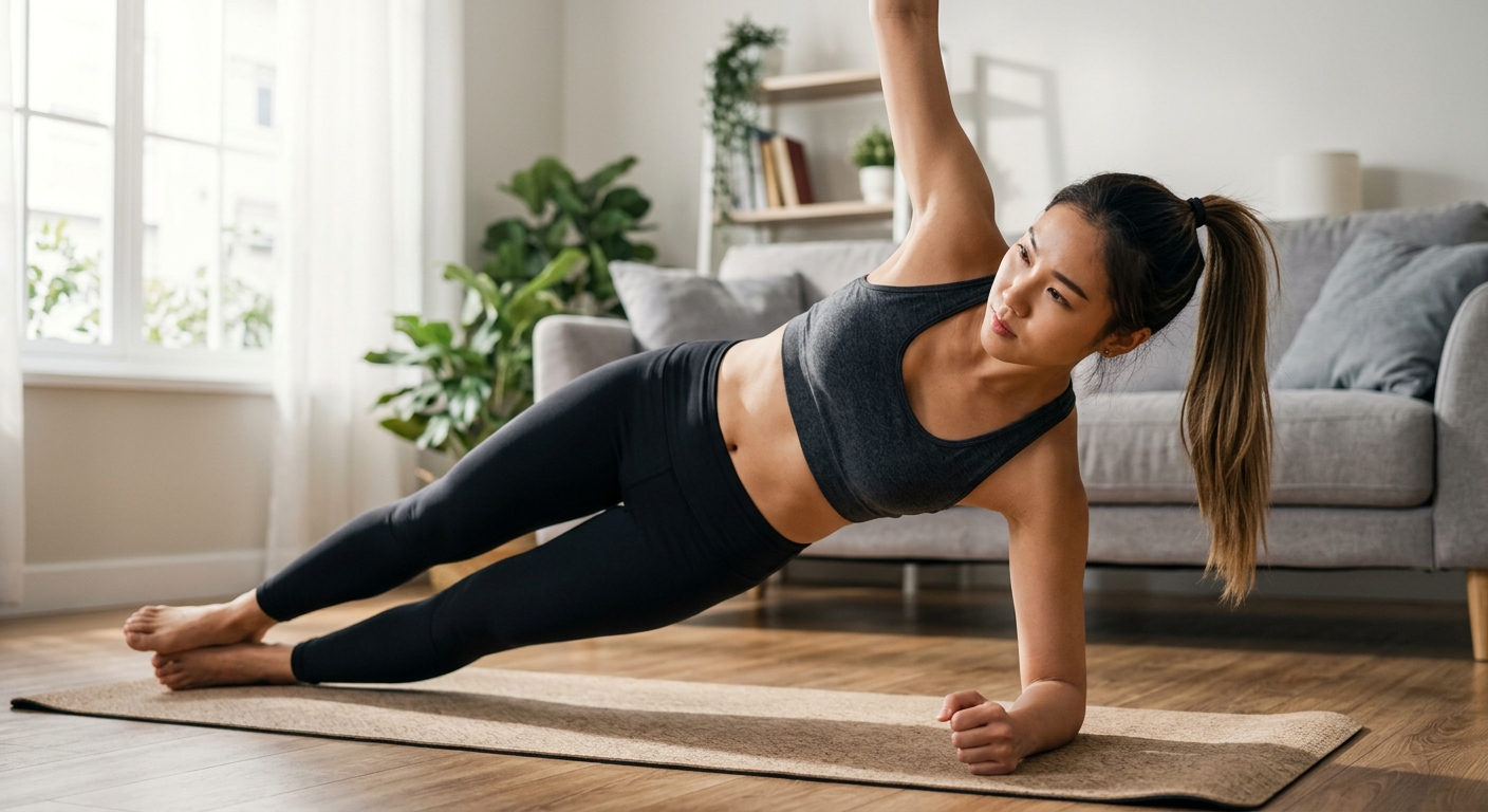 트위스트 크런치와 사이드 플랭크 회전을 하는 홈트레이닝 장면