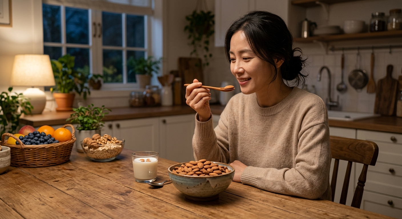 작은 유리병에 하루 분량으로 소분된 무염 아몬드