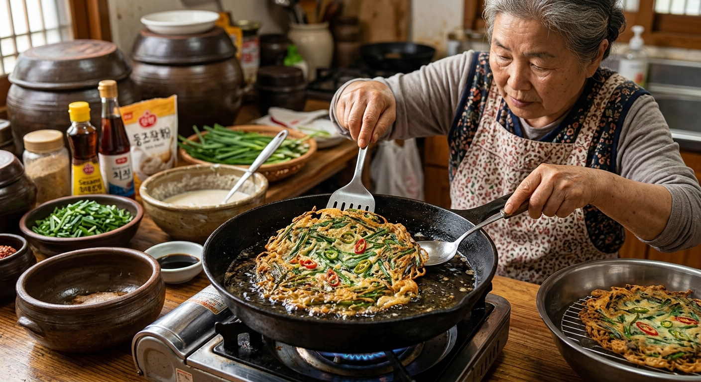 뜨겁게 달군 팬에 부추전 반죽을 얇게 펴서 굽는 장면
