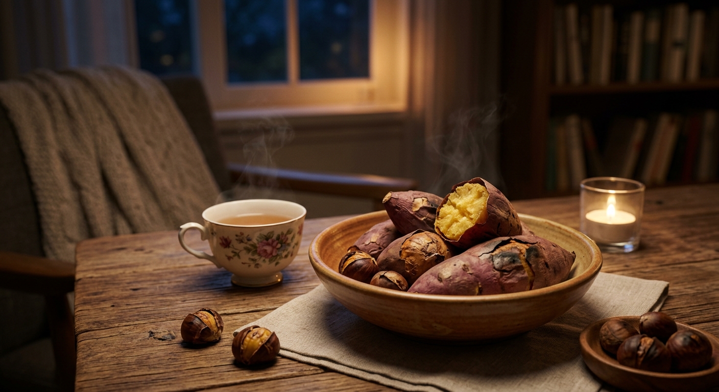 너무 많은 고구마를 한꺼번에 담아둔 야식 장면