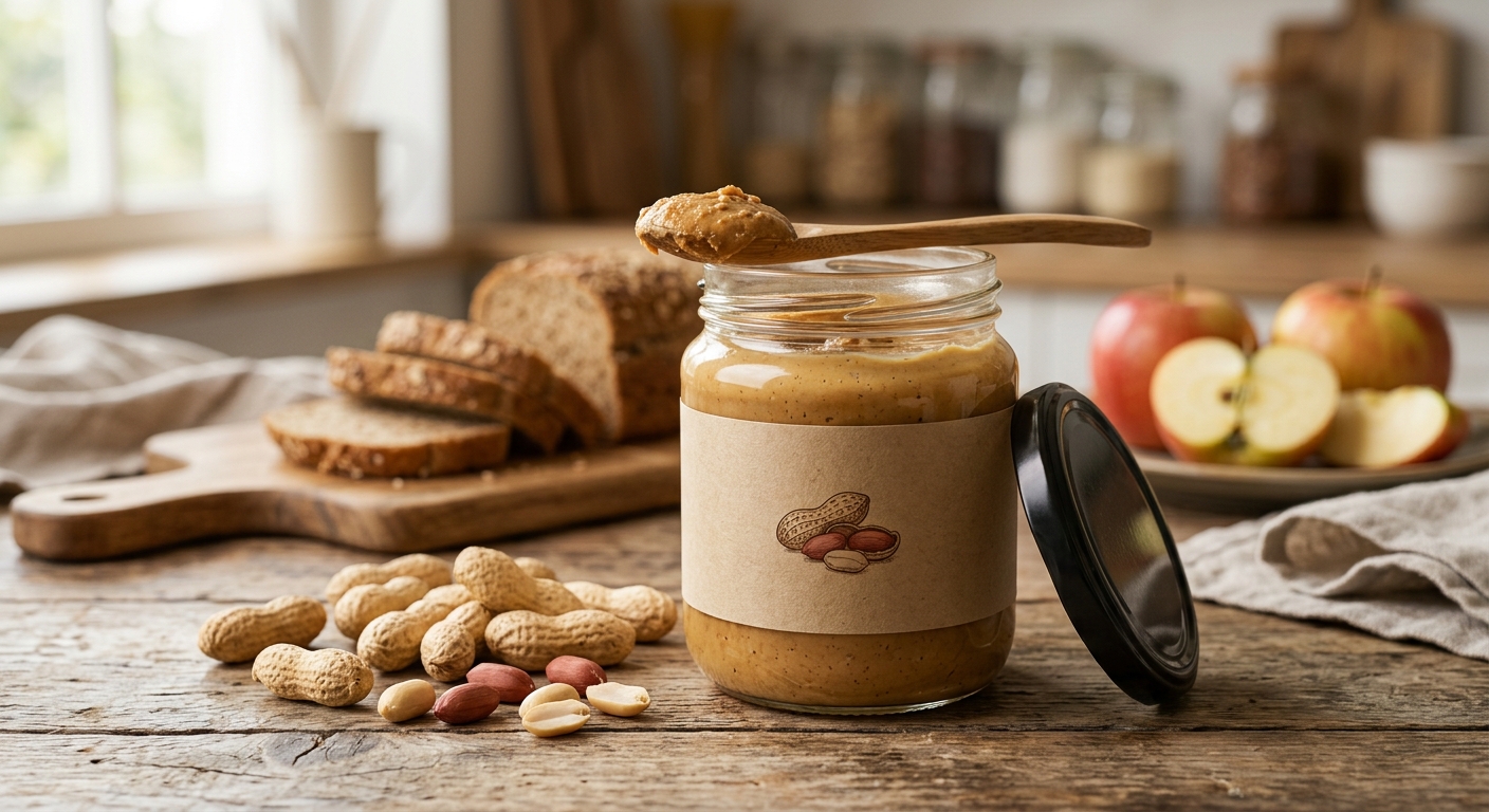 땅콩버터 제품의 원재료명과 영양성분표를 확인하는 손