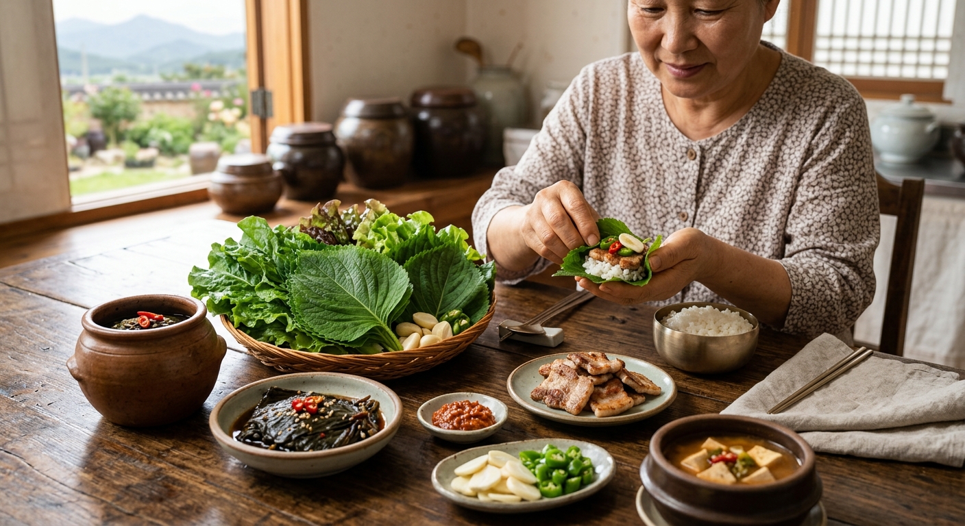 곰취를 활용한 쌈과 무침, 장아찌가 함께 차려진 모습
