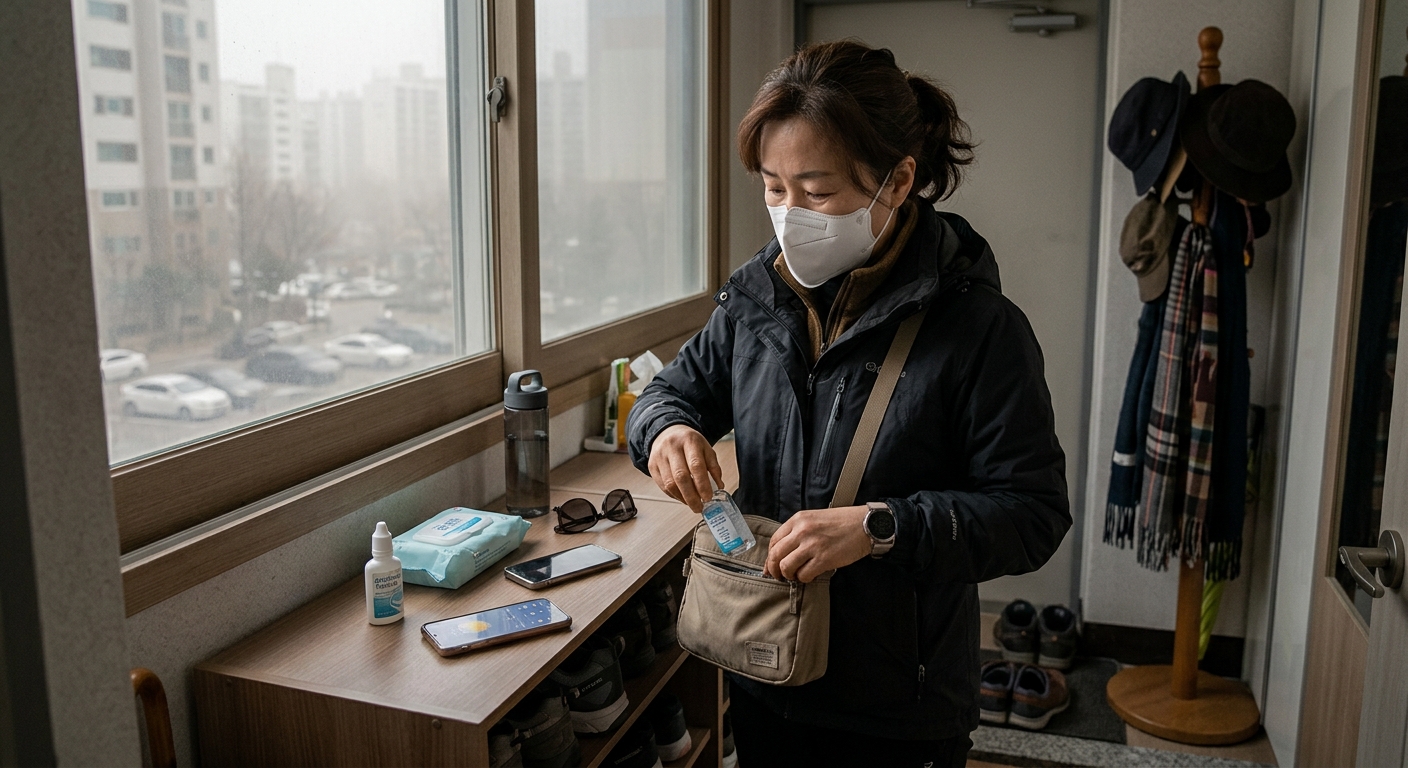 KF94 마스크와 물병을 준비해 미세먼지 심한 날 외출하는 모습