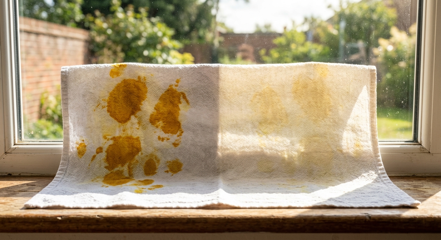 햇볕이 드는 창가에 카레 얼룩이 남은 플라스틱 용기를 놓아둔 모습