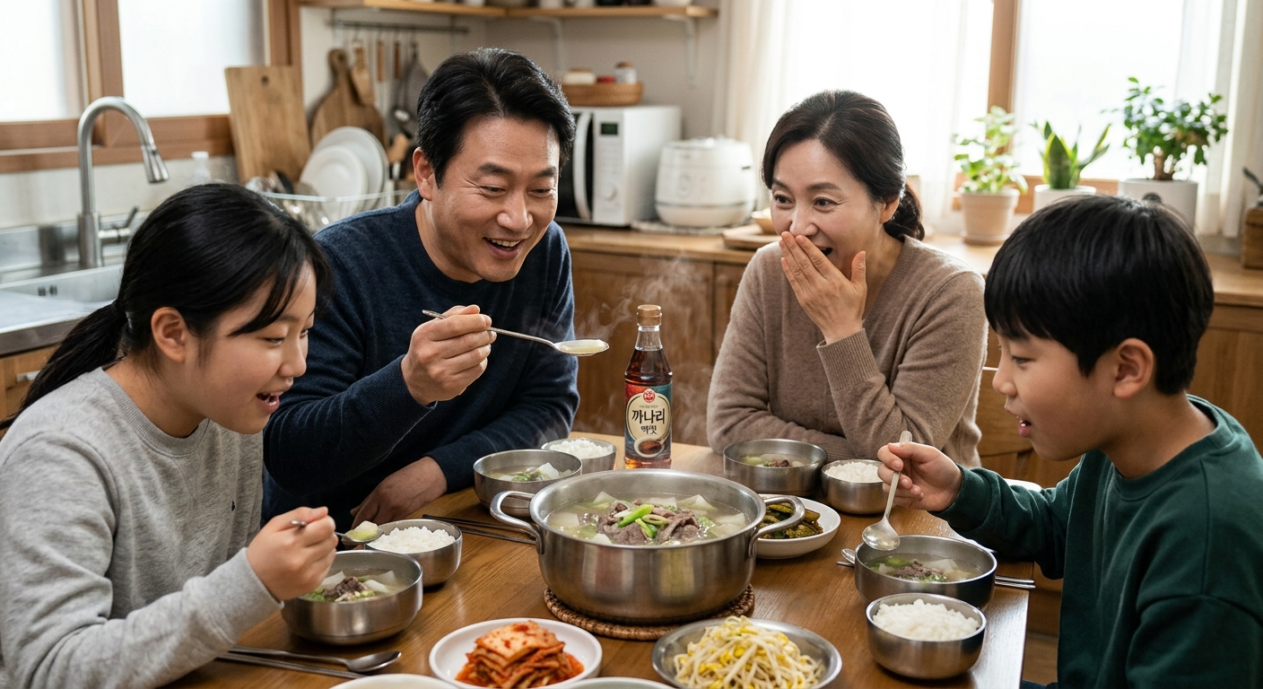 끓는 소고기무국 냄비에 액젓을 한 스푼 넣는 모습
