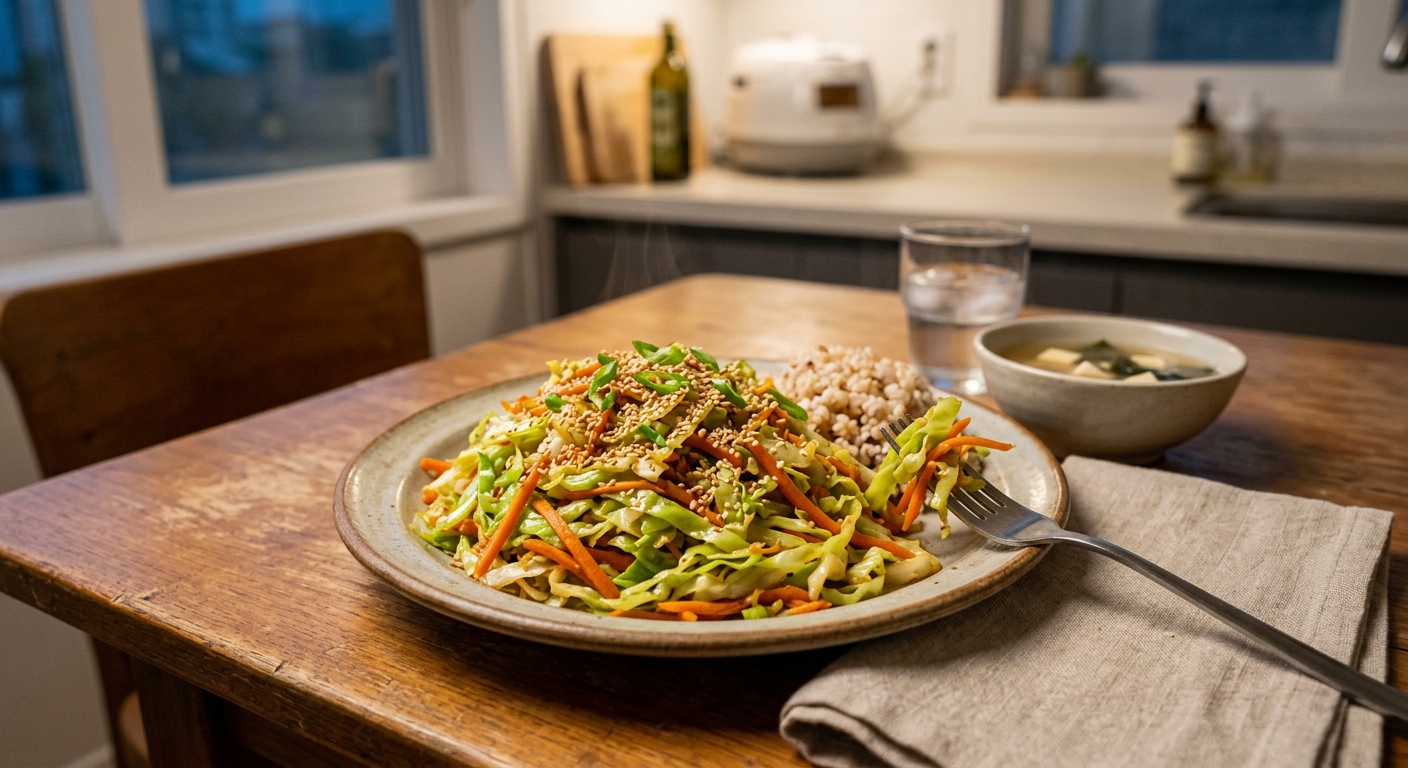 양배추 당근 볶음과 삶은 달걀이 함께 담긴 다이어트 식사