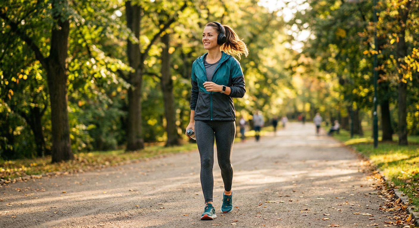 노트북 작업 중 잠시 일어나 공원을 걷는 사람의 모습