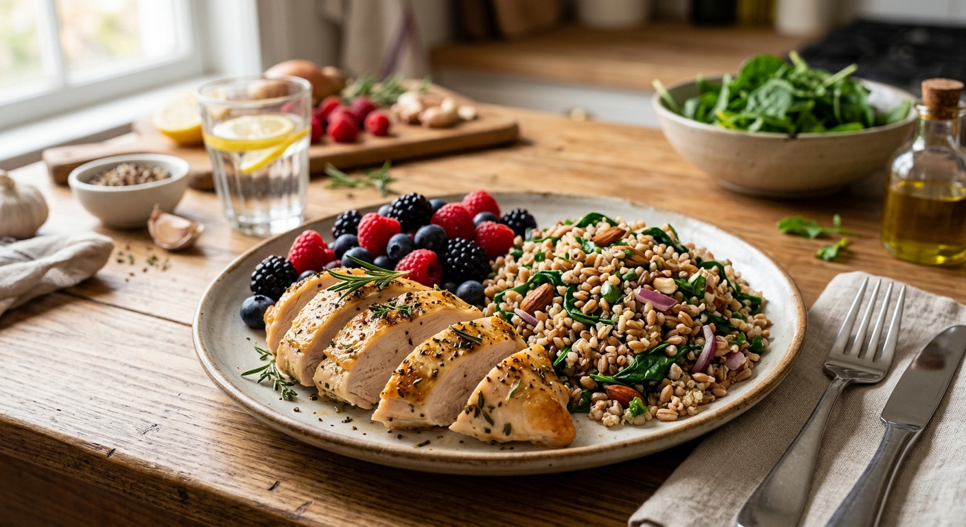 블루베리와 구운 닭가슴살, 샐러드가 함께 담긴 균형 잡힌 식단 사진