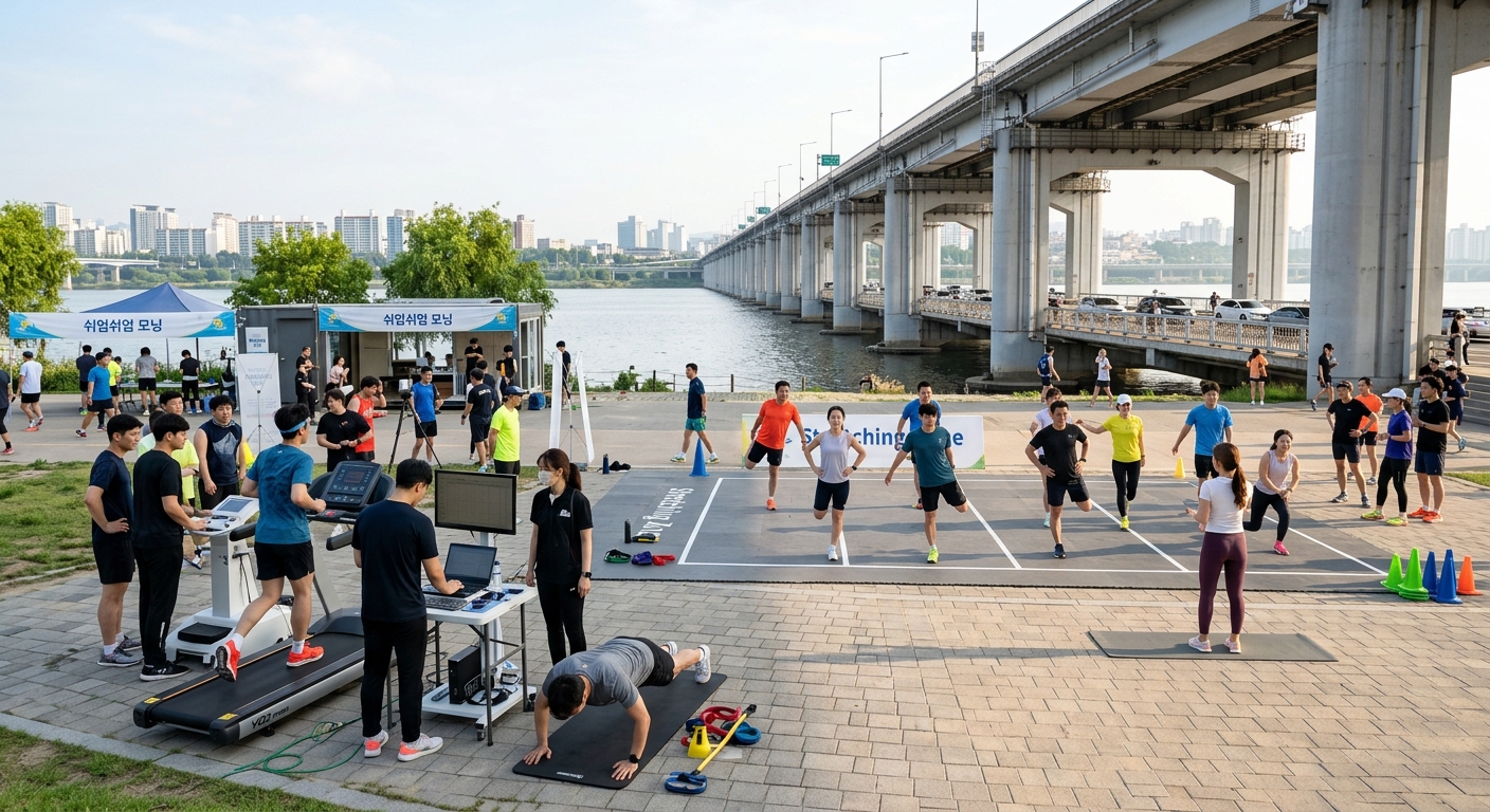 여의도공원 문화의 마당에서 체력 측정과 스트레칭 프로그램에 참여하는 모습