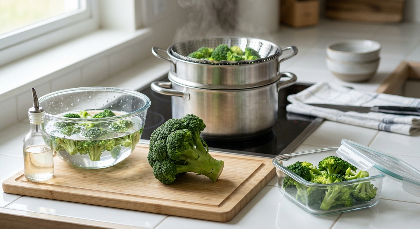 찜기에서 익혀 밝은 초록색을 띠는 브로콜리 접시