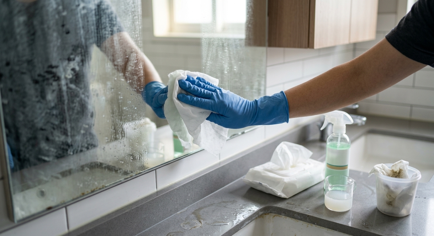 세면대 주변 물때와 거울 얼룩을 물티슈로 닦는 욕실 청소 모습