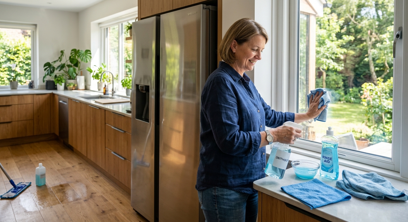 윤기가 도는 마루 바닥과 깨끗하게 닦인 욕실 거울의 모습